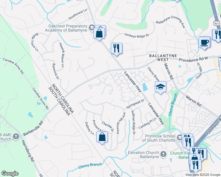 map of restaurants, bars, coffee shops, grocery stores, and more near 15514 Asterwind Court in Charlotte