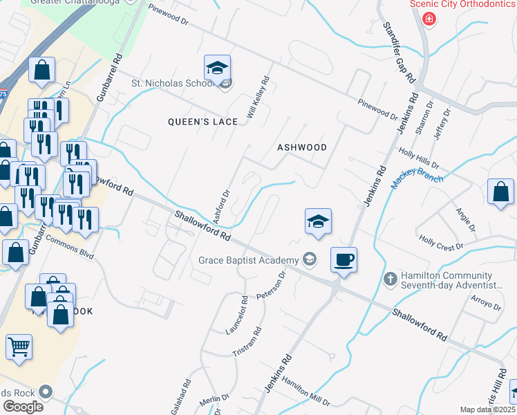 map of restaurants, bars, coffee shops, grocery stores, and more near 2433 Baskette Way in Chattanooga
