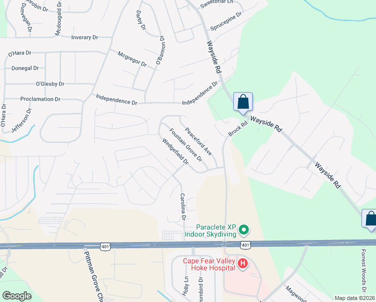 map of restaurants, bars, coffee shops, grocery stores, and more near 236 Fountain Grove Drive in Raeford