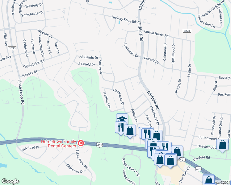 map of restaurants, bars, coffee shops, grocery stores, and more near 2124 Heathcote Drive in Fayetteville
