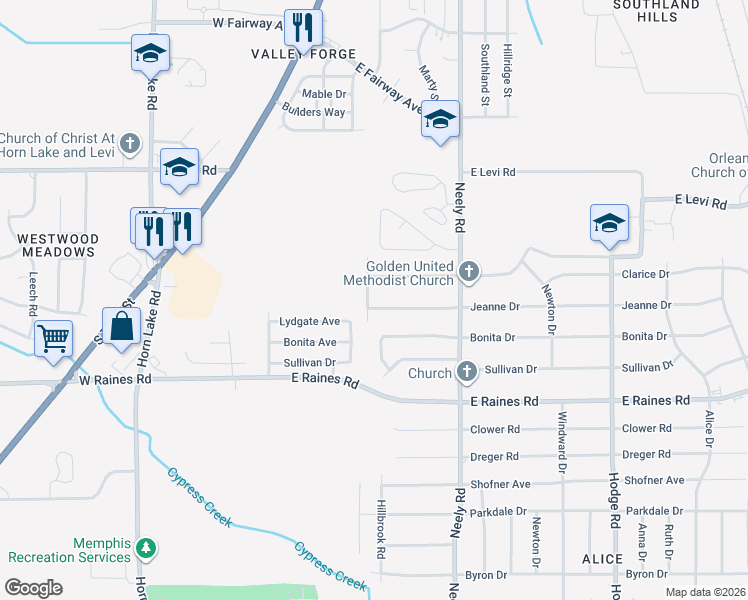 map of restaurants, bars, coffee shops, grocery stores, and more near 124 Jeanne Drive in Memphis