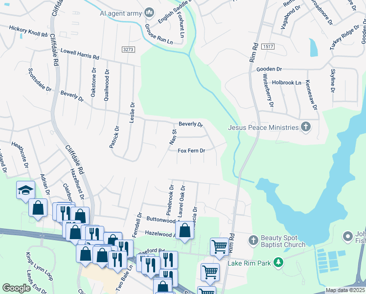 map of restaurants, bars, coffee shops, grocery stores, and more near 7586 Fox Fern Drive in Fayetteville