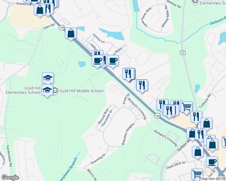 map of restaurants, bars, coffee shops, grocery stores, and more near 3458 Richard's Crossing in Fort Mill