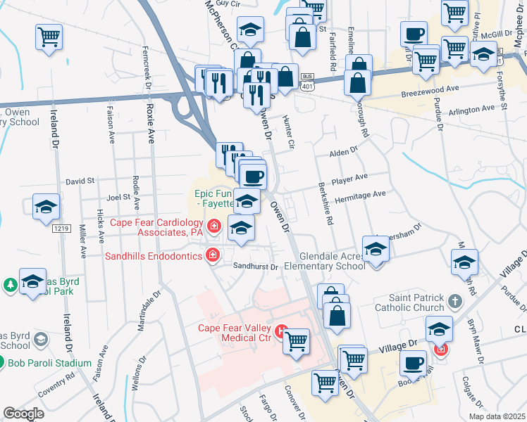 map of restaurants, bars, coffee shops, grocery stores, and more near 408 Owen Drive in Fayetteville