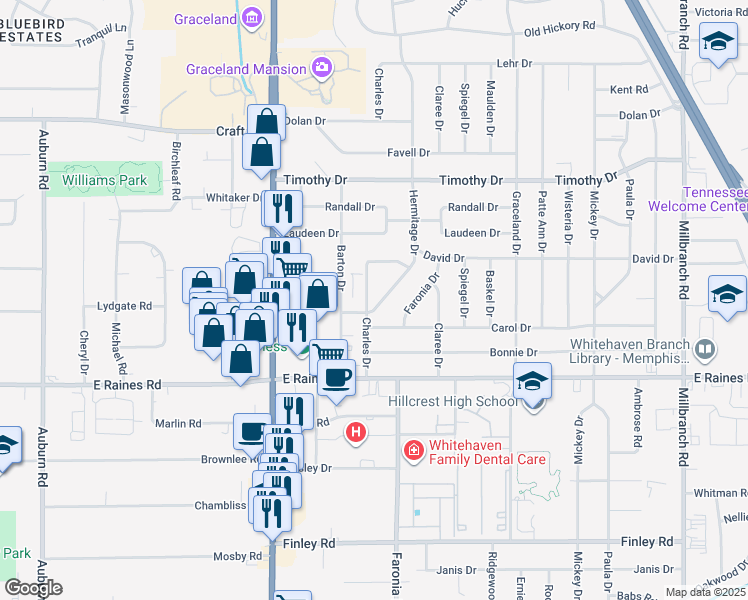 map of restaurants, bars, coffee shops, grocery stores, and more near 4048 Charles Drive in Memphis