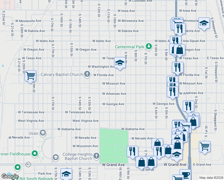 map of restaurants, bars, coffee shops, grocery stores, and more near 1220 South 10th Street in Chickasha