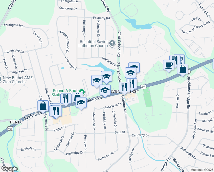 map of restaurants, bars, coffee shops, grocery stores, and more near 6830 Raeford Road in Fayetteville