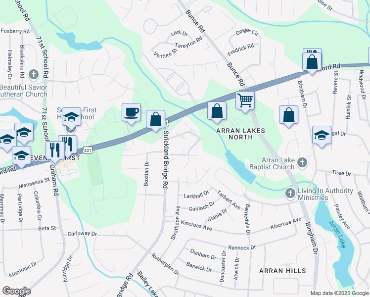 map of restaurants, bars, coffee shops, grocery stores, and more near 1140 Southwood Drive in Fayetteville