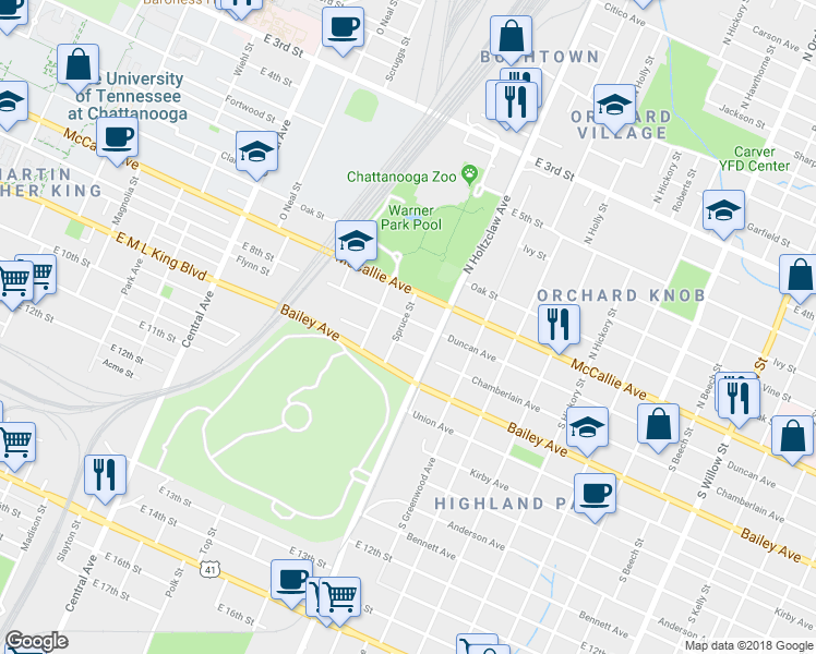 map of restaurants, bars, coffee shops, grocery stores, and more near 1207 Duncan Avenue in Chattanooga