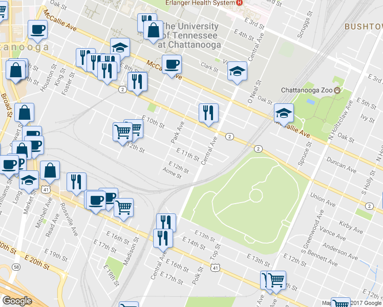map of restaurants, bars, coffee shops, grocery stores, and more near 1001 East 11th Street in Chattanooga