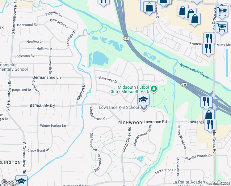 map of restaurants, bars, coffee shops, grocery stores, and more near 7629 Roundleaf Drive in Memphis