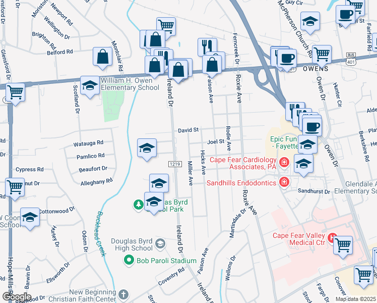 map of restaurants, bars, coffee shops, grocery stores, and more near 510 Miller Avenue in Fayetteville