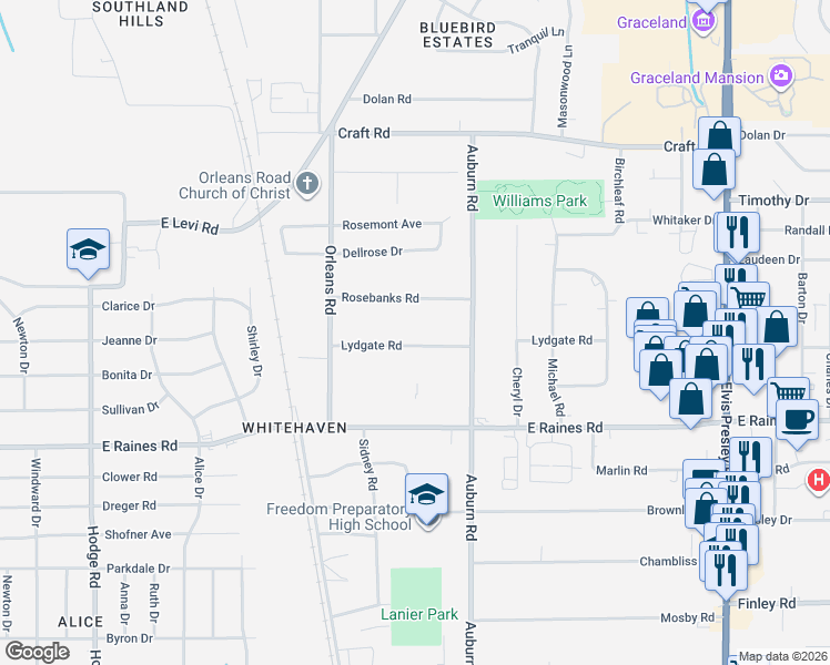 map of restaurants, bars, coffee shops, grocery stores, and more near 800 Lydgate Road in Memphis