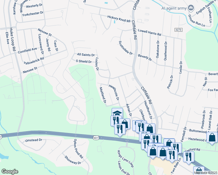 map of restaurants, bars, coffee shops, grocery stores, and more near 2120 Heathcote Drive in Fayetteville