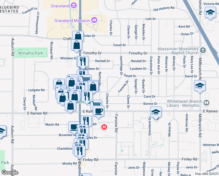 map of restaurants, bars, coffee shops, grocery stores, and more near 4048 Charles Drive in Memphis
