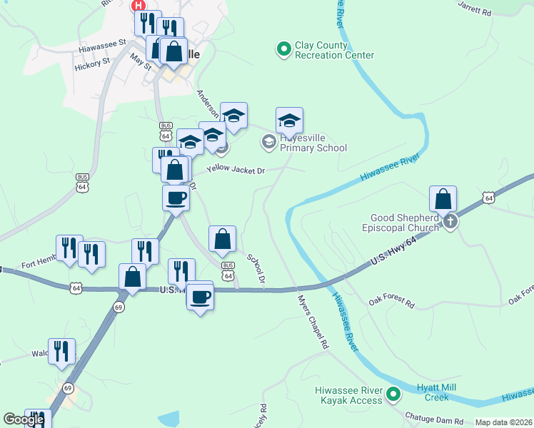 map of restaurants, bars, coffee shops, grocery stores, and more near 197 Robins Way Drive in Hayesville