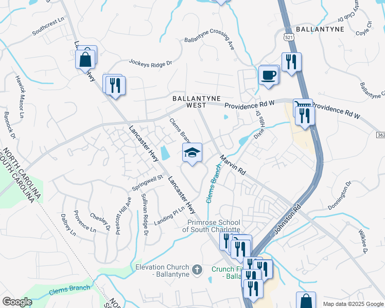 map of restaurants, bars, coffee shops, grocery stores, and more near 11428 Clems Branch Drive in Charlotte