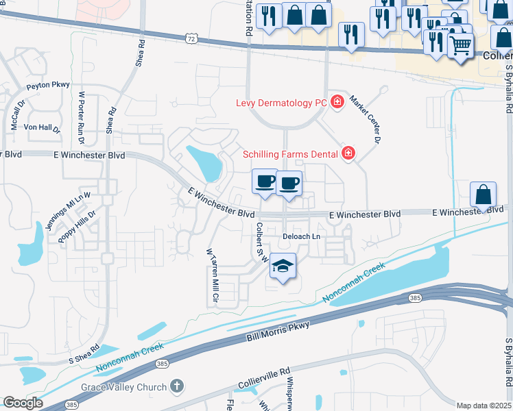 map of restaurants, bars, coffee shops, grocery stores, and more near 1020 Schilling Row Avenue in Collierville