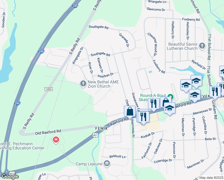 map of restaurants, bars, coffee shops, grocery stores, and more near 1327 Worstead Drive in Fayetteville