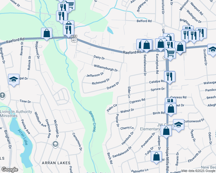map of restaurants, bars, coffee shops, grocery stores, and more near 402 Durant Drive in Fayetteville