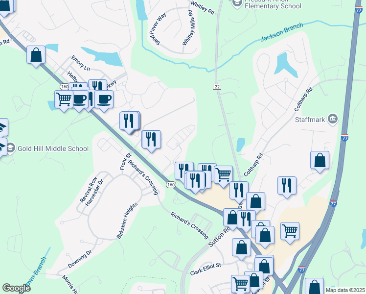 map of restaurants, bars, coffee shops, grocery stores, and more near 355 Amistead Avenue in Fort Mill