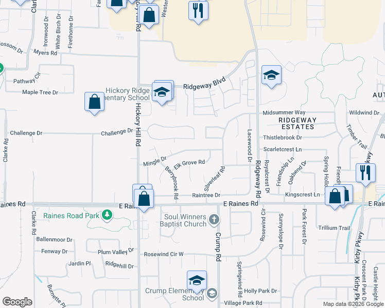 map of restaurants, bars, coffee shops, grocery stores, and more near 6039 Mingle Drive in Memphis