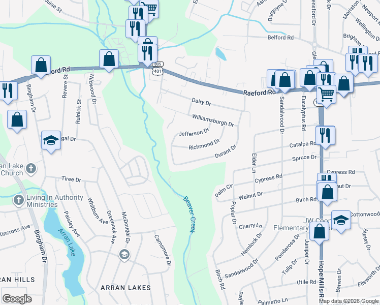 map of restaurants, bars, coffee shops, grocery stores, and more near 333 Richmond Drive in Fayetteville