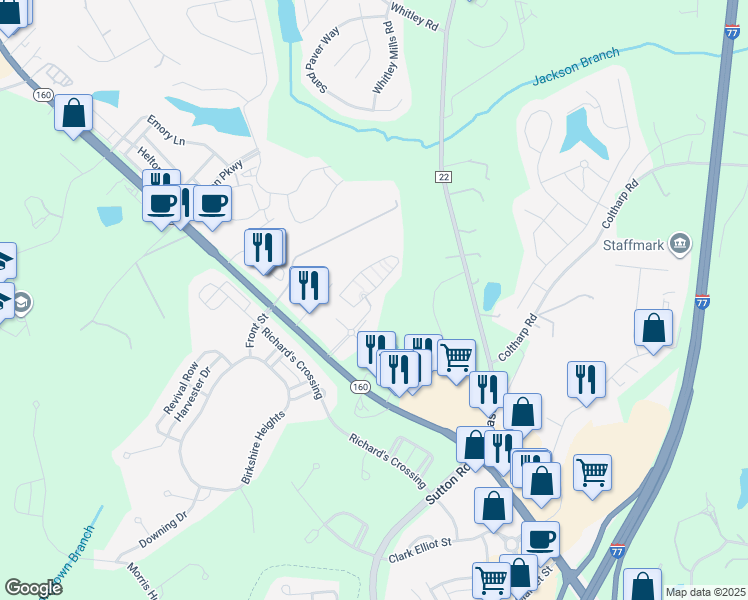 map of restaurants, bars, coffee shops, grocery stores, and more near 340 Amistead Avenue in Fort Mill