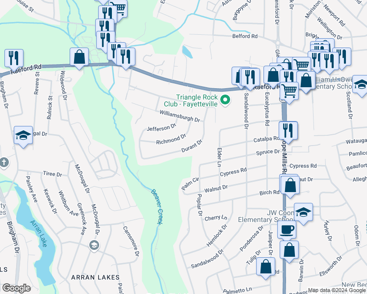 map of restaurants, bars, coffee shops, grocery stores, and more near 402 Durant Drive in Fayetteville