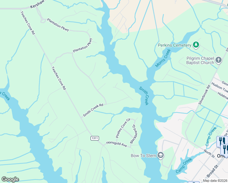 map of restaurants, bars, coffee shops, grocery stores, and more near 125 Spinnaker Point Rd N in Oriental