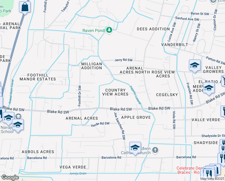 map of restaurants, bars, coffee shops, grocery stores, and more near 2500 Camellia Court Southwest in Albuquerque