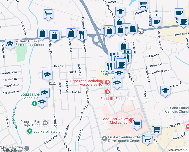 map of restaurants, bars, coffee shops, grocery stores, and more near 3810 Hanna Street in Fayetteville