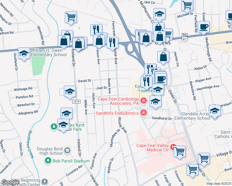 map of restaurants, bars, coffee shops, grocery stores, and more near 505 Rodie Avenue in Fayetteville
