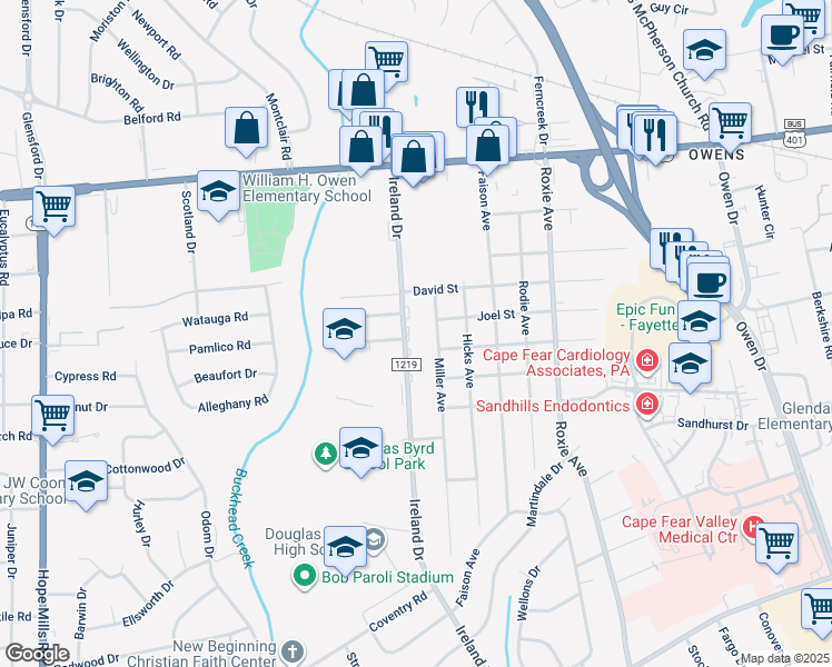 map of restaurants, bars, coffee shops, grocery stores, and more near 1401 Ireland Drive in Fayetteville