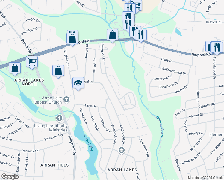 map of restaurants, bars, coffee shops, grocery stores, and more near 1124 Wildwood Drive in Fayetteville