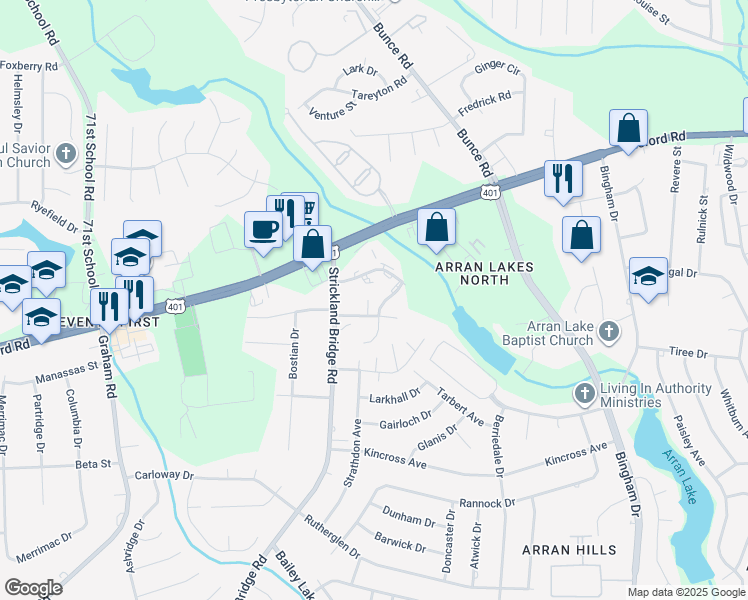 map of restaurants, bars, coffee shops, grocery stores, and more near 1140 Southwood Drive in Fayetteville