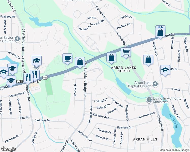 map of restaurants, bars, coffee shops, grocery stores, and more near 1140 Southwood Drive in Fayetteville