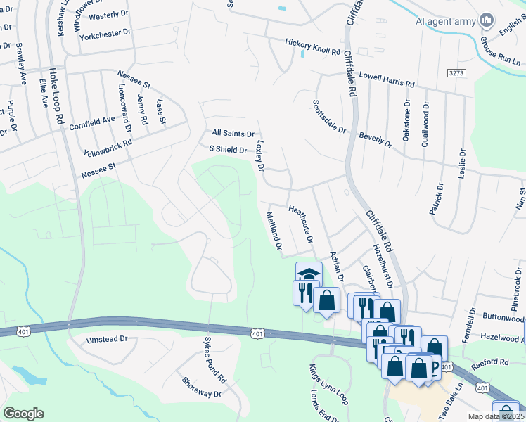 map of restaurants, bars, coffee shops, grocery stores, and more near 2002 Maitland Drive in Fayetteville