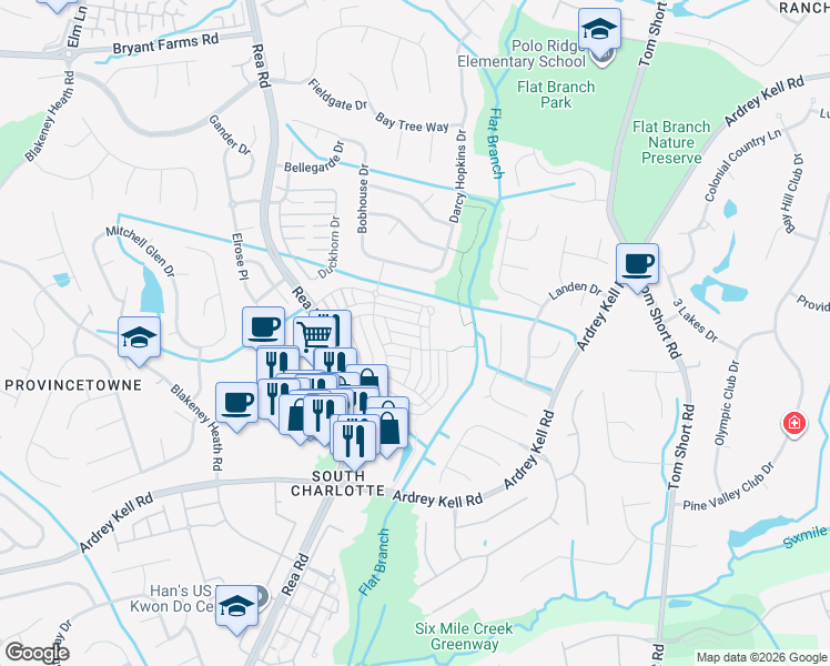 map of restaurants, bars, coffee shops, grocery stores, and more near 10366 Alexander Martin Avenue in Charlotte