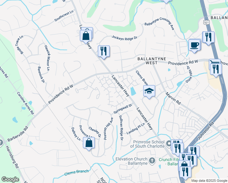 map of restaurants, bars, coffee shops, grocery stores, and more near 15445 Barossa Valley Street in Charlotte