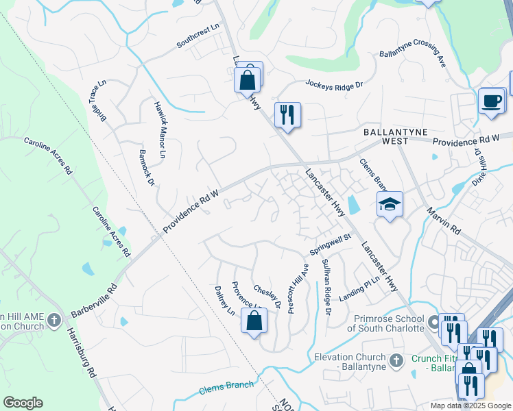map of restaurants, bars, coffee shops, grocery stores, and more near 12335 Bluestem Lane in Charlotte
