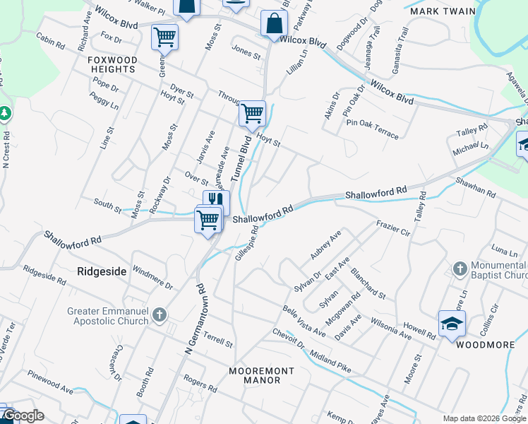 map of restaurants, bars, coffee shops, grocery stores, and more near 213 Shallowford Road in Chattanooga