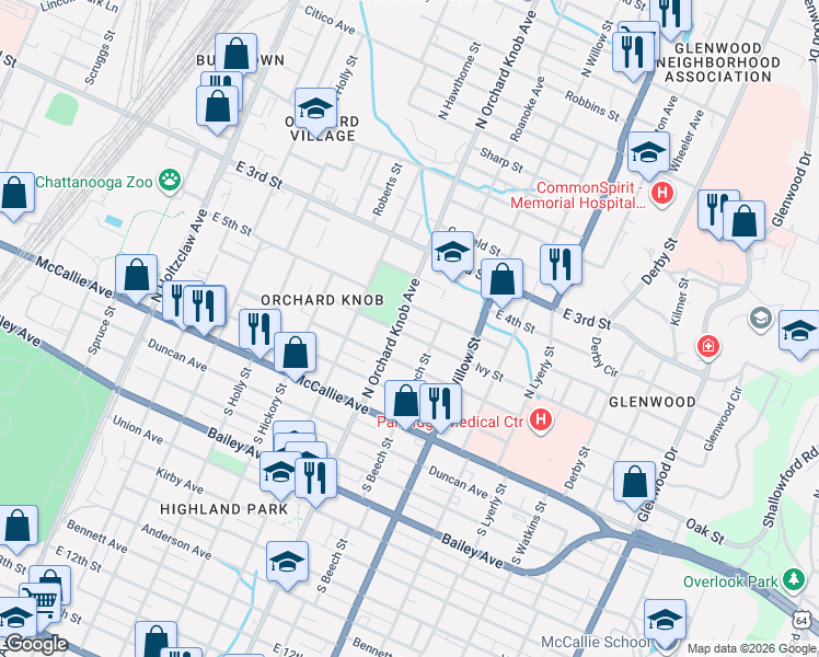 map of restaurants, bars, coffee shops, grocery stores, and more near 1910 East 5th Street in Chattanooga