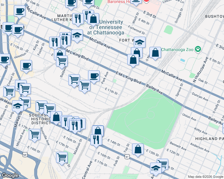 map of restaurants, bars, coffee shops, grocery stores, and more near 1001 East 11th Street in Chattanooga