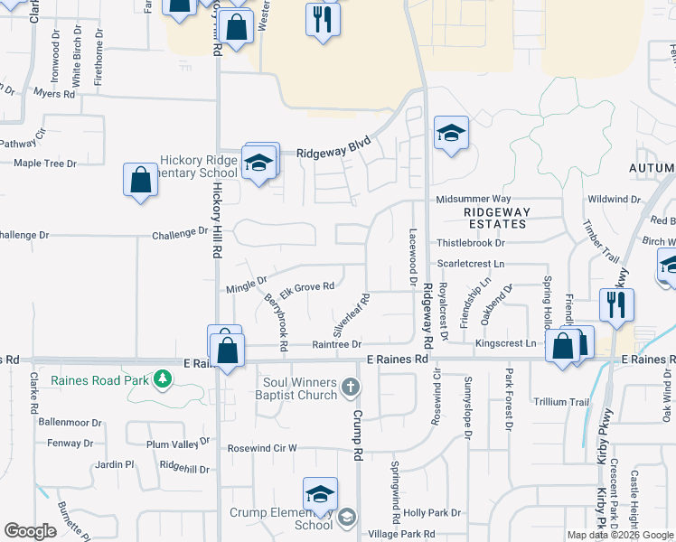 map of restaurants, bars, coffee shops, grocery stores, and more near 6077 Mingle Drive in Memphis