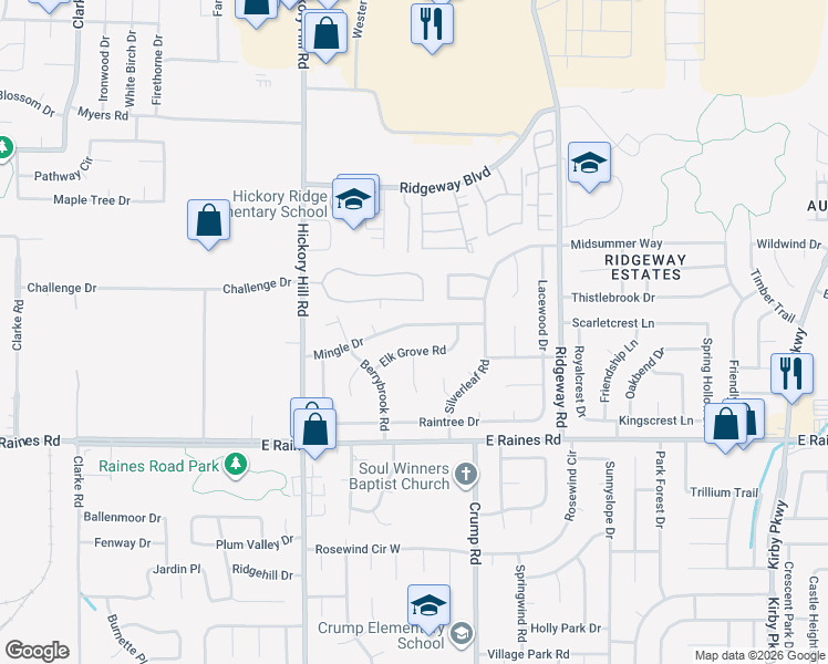 map of restaurants, bars, coffee shops, grocery stores, and more near 6039 Mingle Drive in Memphis