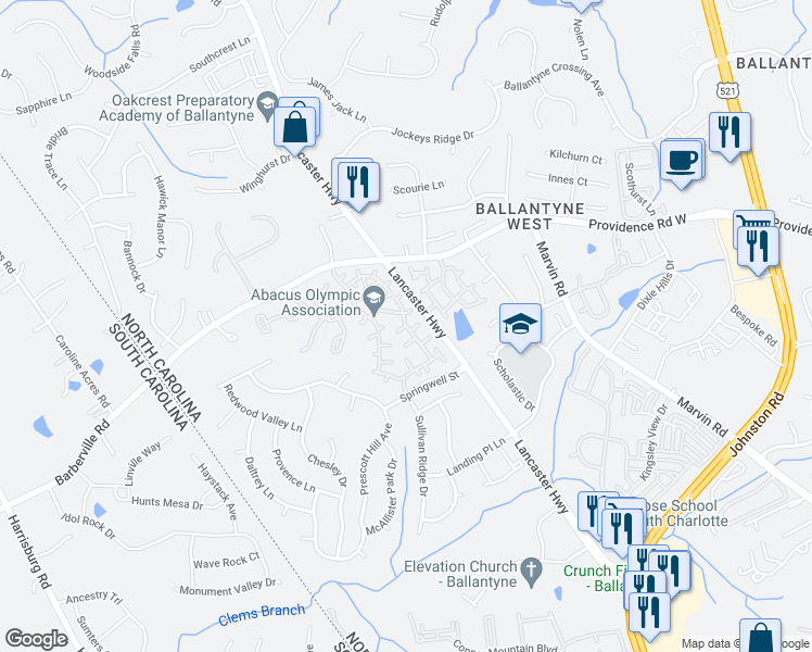 map of restaurants, bars, coffee shops, grocery stores, and more near 15407 Barossa Valley Street in Charlotte