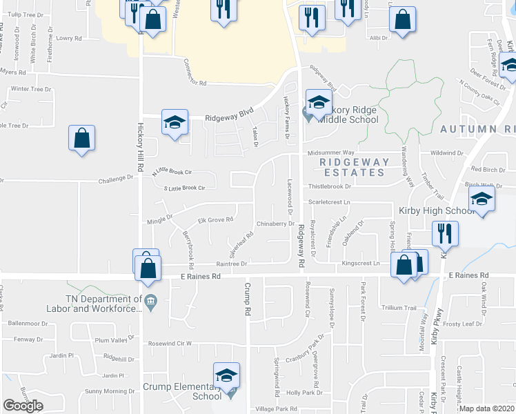 map of restaurants, bars, coffee shops, grocery stores, and more near 4040 Silverleaf Road in Memphis