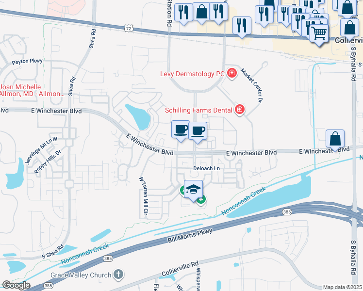 map of restaurants, bars, coffee shops, grocery stores, and more near 956 East Winchester Boulevard in Collierville