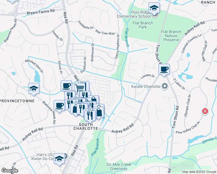 map of restaurants, bars, coffee shops, grocery stores, and more near 10366 Alexander Martin Ave in Charlotte